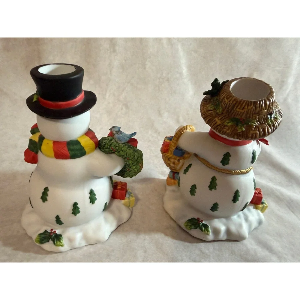 PartyLite Snowbell Snowman & Snowlady Christmas Candle Holders Ceramic Figurines
